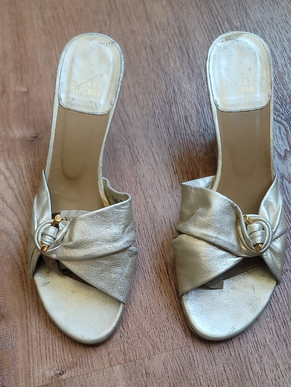Stuart Weitzman Gold Leather Slip-On Knot Front Women's Heels